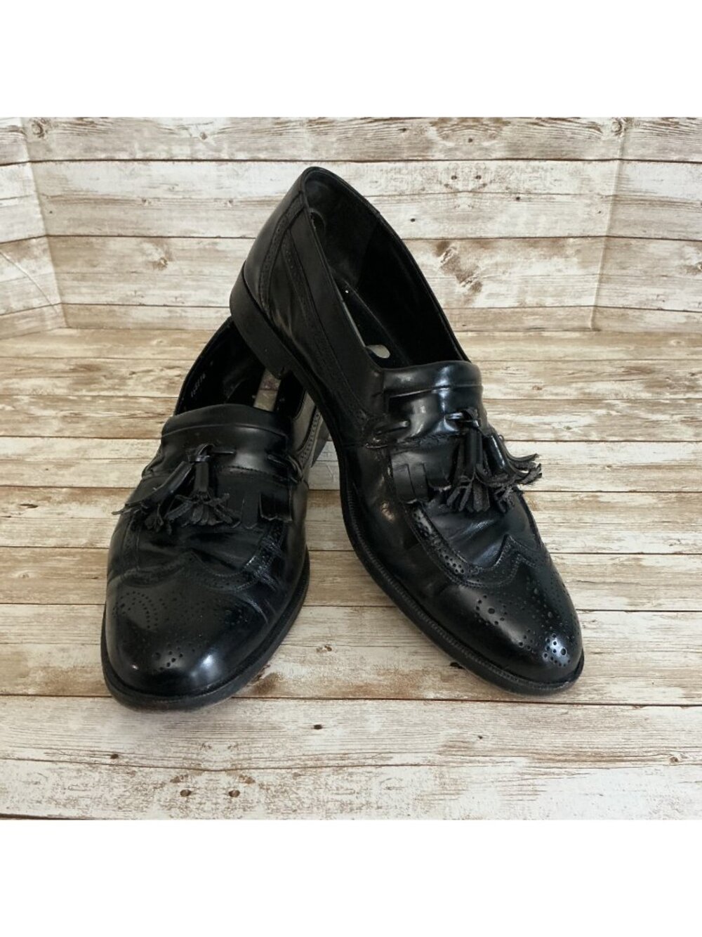 Freeman Mens 10D Black Leather Loafers Tassle Kilt  Dress Shoes Pre-owned